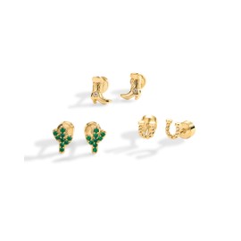 PAVOI 14K Gold Plated Mini Western Flatback Earrings Trio Set for Women with Cubic Zirconia | Cowgirl Boots Cactus Horseshoe Screw Back Stud Earring Pack, Yellow Gold, Cubic Zirconia