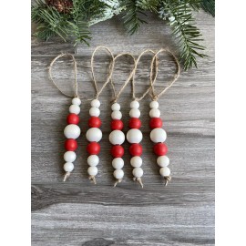 Handmade Set of 5 Natural & Red Wood Bead Christmas Ornaments Decor