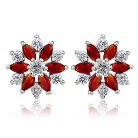 [RIZILIA SNOWFLAKE] Stud Pierced Earrings with Marquise Cut Gemstones CZ [Red Ruby] in 18K White Gold Plated, Simple Modern Elegance
