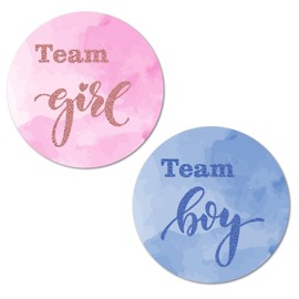 40 Team Girl Team Boy Gender Reveal Stickers, 2 Inch Big Round Glossy Labels, Pink and Blue Decals, Great for Baby Shower Party Favors, DYI Tags, Games and Supplies. Made in USA