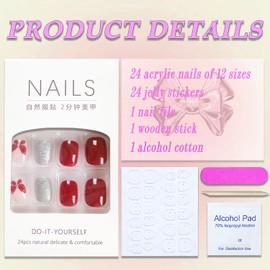 Wine Red Press on Nails Short Square MABKJLF Fake Nails Full Cover Butterfly False Nails with Designs Glitter Glossy Glue on Nails Acrylic Nails Manicure Artificial Nails for Women Girls 24Pcs