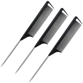 Hair Rat Tail Combs 3PCS, Metal Carbon Parting Rat Tail Combs for Women, Girls for Curly, Braiding, Styling Hair (Black)