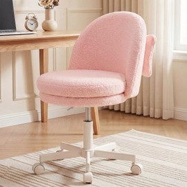 COMHOMA Vanity Chair with Wheels Velvet Tall Office Chair with Back,Armless Desk Chair Comfy Height Adjustable, Soft Lumbar Support for Girls Bedroom Home Vanity Bow Pillow for Gift Pink