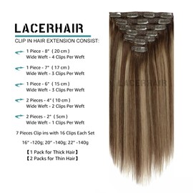 Lacer Real Hair Extensions Clip in Human Hair Highlignt Warm Brown to Dark Caramel Blonde Clip in Human Hair Extensions for Women 20 Inch 140g 7Pcs Natural Human Hair