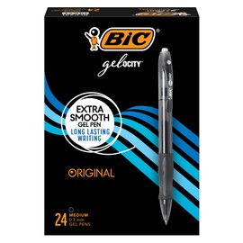 BIC Gel-ocity Original Black Gel Pens, Medium Point (0.7mm), 24-Count Pack, Retractable Gel Pens With Comfortable Grip