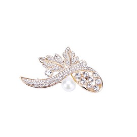 NYFASHION101 Elegant Rhinestone Studded Faux Pearl Ribbon Leaf Brooch Pin, Gold-Tone