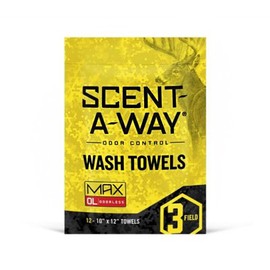 Hunters Specialties Scent-A-Way MAX Odorless Wash Towels, 12 Pack Refreshment Shower 10"x12" Body Wipes for Hunters, Trappers, Anglers, and Campers