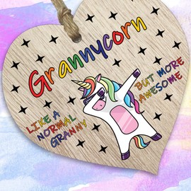 Granny Birthday Gift for Her - Grannycorn - Wooden Heart Plaques, Light Wood Sign Keepsake, Funny Gran Happy Birthday Plaque Grandma Gifts Unicorn Awesome Granny Present from Granson Granddaughter