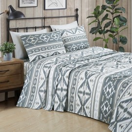 Chezmoi Collection 4-Piece Southwestern Geometric Motif Sheet Set King Size - Multicolor Gray White Light Brown Printed Brushed Microfiber Lightweight Breathable Deep Pocket Bed Sheets