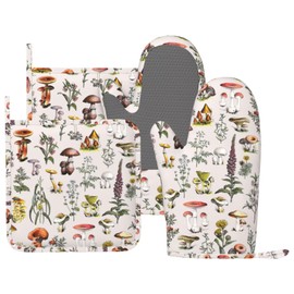 CEVIOLINRE Vintage Botanical Oven Mitts and Pot Holders Set Silicone Heat Resistant Plants Herbs Mushroom Kitchen Gloves Set Nature Floral Kitchen Mittens Pot Holders for BBQ Cooking Baking Grilling