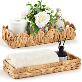 2 Pack Water Hyacinth Toilet Tank Tray Topper Basket and Vanity Set 14.96x6.3 and 11.81x5.12 in Decorative Vanity Toilet Tray Handmade Storage Basket Countertop Bin for Paper Hand Towel Bathroom Spa