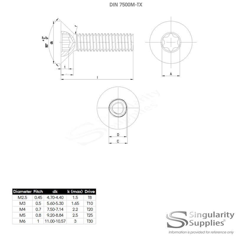 M6 (6mm x 12mm) TX Socket Countersunk Thread Rolling Screw