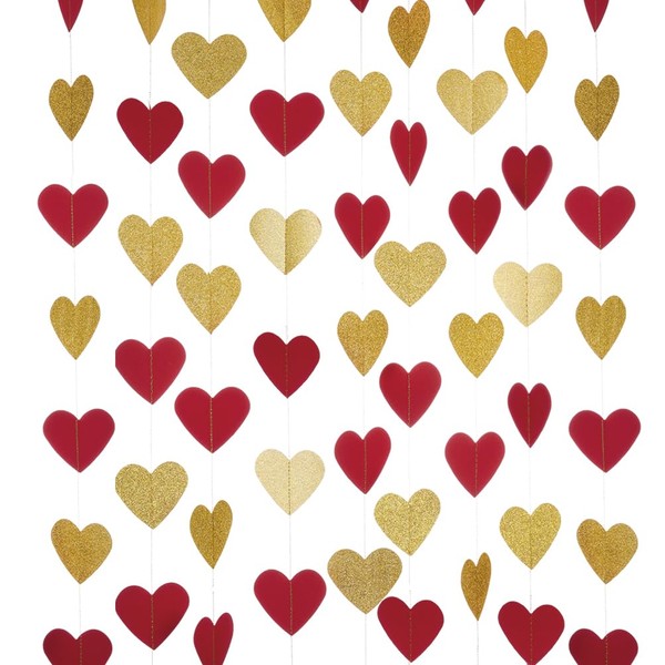 Gold and Red Heart Paper Garland Circle Love Hearts Hanging