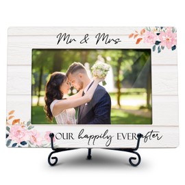 TIRYWT Wedding Picture Frame, Mr and Mrs 4X6 Photo Frame Wedding Gifts, Small Wooden Photo Frame With Iron Stand, Marriage License Frame, Gifts for Newlyweds -A08