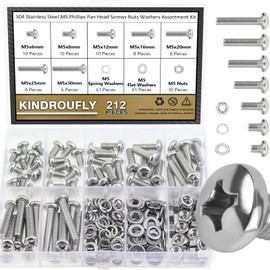 Kindroufly 212 Pieces M5 x 6/8 /12/16 /20/25 /30mm Phillips Pan Head Machine Screws Nuts Washers Assortment Kit, 304 Stainless Steel, Fully Machine Thread