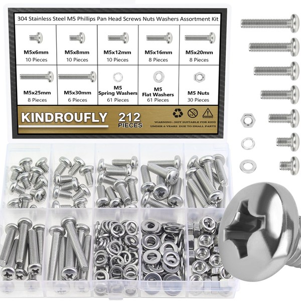 Kindroufly 212 Pieces M5 x 6/8 /12/16 /20/25 /30mm Phillips