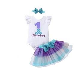 Fifiilyty Baby girl 1st birthday outfit Birthday printed one-piece top + ballet skirt + headband 3-piece set of clothes
