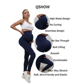 QSHOW Womens Maternity Leggings Over The Belly,Pregnancy Workout Leggings for Women Soft Stretch Maternity Yoga Pants Seamless Leggings Gifts for Pregnant Women Yoga Leggings Navy Blue