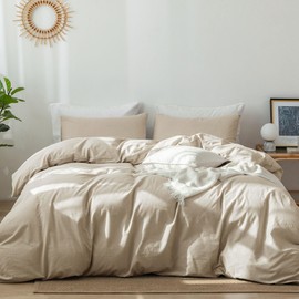 MooMee Bedding Duvet Cover Set 100% Washed Cotton Linen Like Textured Breathable Durable Soft Comfy (Almond Milk Grey, Super Queen)