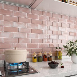 LaCheery 12"x12" Pink Subway Tile Peel and Stick Backsplash for Bathroom Backsplash Tiles Peel and Stick on Backsplash for Kitchen Wall Tile Waterproof Sticker Backsplash Kitchen Self Adhesive 4 Tiles