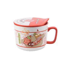 TOPWCK 22oz Ceramic Ramen Bowl with Lid Handle, Microwaveable Cute Japanese Instant Noodle Cup Ramen Cooker, Gift for Teens Kids (Hot Pot)