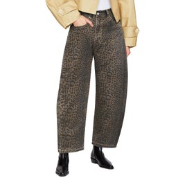 Mid Rise Leopard Print Barrel Jeans for Women Stylish Boyfriend Wide Leg Baggy Denim Pants Trendy Printed Pants (Dark Leopard,Small,Small)