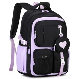 Amythe School Bag Girls School Backpack for Girls 1st - 5th Grade with Cute Coin Bag, Casual Backpack School for Kids Teenagers, Ideal for School and Travel, black