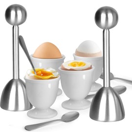 vibedor Egg Cups and Egg Cracker Set for Soft Boiled Eggs, 2 Stainless Steel Egg Cutter, 4 Stainless Stain Spoons and 4 Ceramic Egg Stands in Kitchen, Parties for Breakfast, Host