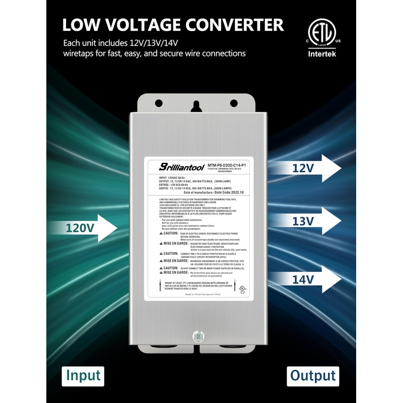 BRILLIANTOOL 300W Stainless Steel Casing Pool Light Transformer, Convert 120VAC