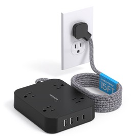 Black Extension Cord 15 Ft, Flat Plug Power Strip with 4 Outlets with 4 USB Ports(2 USB C), Wall Mount Charging Station, No Surge Protector for Home Office College Dorm Room Travel Essentials