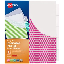 Avery Big Tab Insertable Pocket Plastic Dividers for 3 Ring Binders, 5-Tab Set, Assorted Designs, 1 Set (07708)