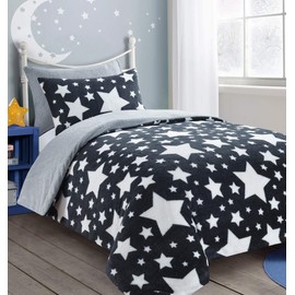 HOMES-LINEN Teddy Star Fleece Duvet Cover Set Soft Cosy Warm Kids Star Teddy Bear Bedding Set (Charcoal & Silver, Single)