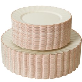 ISFANGCO 72PCS Ivory Plastic Plates Set for 36 Guests, Heavy Duty Scalloped Disposable Plate with Rose Gold Rim for Wedding Party, 36 Dinner Plates 10.25"& 36 Dessert Plates 7.25"