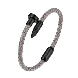 BIYONGDE Mens Womens Silvery Grey Braided Leather Bangle Bracelet, Stainless Steel Black Nail Charm