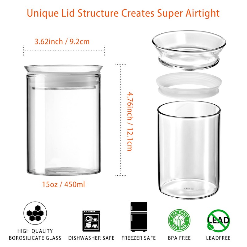 ZENS Glass Canisters Jar with Lid, Airtight Sealed 15 Fluid