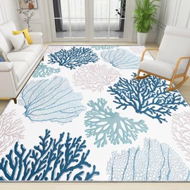 Coastal Area Rug Beach Rugs Non-Slip Nautical Coral Machine Washable Rugs Modern Floor Carpet for Bathroom Laundry Bedroom Living Room, 8x10