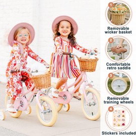 Petimini 18 Inch Little Kids Bike for Age 5 6 7 8 Years Old Girls Retro Vintage Style Bicycles with Basket Training Wheels and Bell, Pink