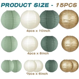 Pack of 15 Sage Green Paper Lanterns Set - Round Lanterns in Green, Cream & Gold Chinese Paper Lampshade for Wedding Birthday Garden Party Baby Shower Graduation Decoration