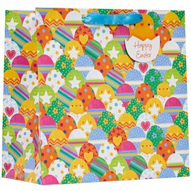 Design by Violet Happy Easter Chick and Egg Design Gift Bag With Gift Tag - Wide Gusset To Fit Easter Eggs - Cute Easter Basket Design - Large Size