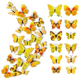 Pack of 24 3D Butterflies Decorative Butterfly Wall Stickers Butterfly Decoration Removable Wall Stickers Home Decoration Children's Room Bedroom Decoration Yellow