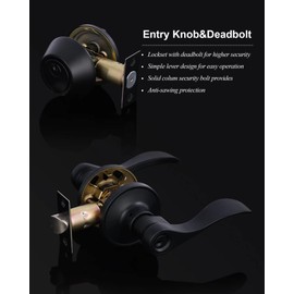 Keyed Alike Front Door Lever Lockset with Single Cylinder Deadbolt Combination Set, All Keyed Same Exterior Door Handle with Lock and Deadbolt, Black Finish, 2Sets
