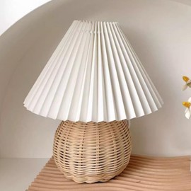 Natudeco Rattan Table Lamp, Vintage Bedside Lamp, Small Bedside Lamp with Pleated Lampshade for Living Room, Bedroom, Desk