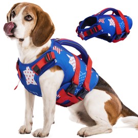 Kuoser Dog Life Jacket High Flotation, American Flag Dogs Life Vest for Swim Boating, Independence Day dog lifejacket with Reflective & Rescue Handle, Adjustable Doggy Life Preserver for Large Dogs, L