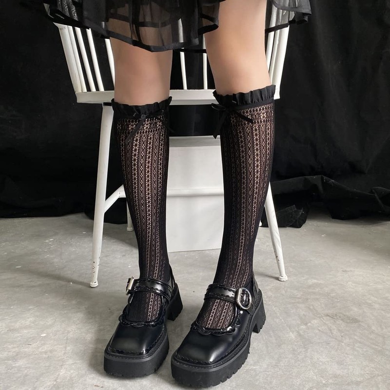 FASELE High Socks, Girls, Crew Socks, Ribbon, Lace, Floral Pattern,