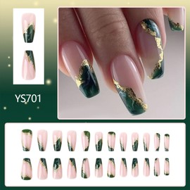 Green Marble Press on Nails with Gold Foil Design Fake Nails Long Square Full Cover Glue on Nail Glossy Artificial Stick on Nail for Women