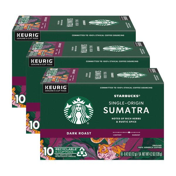 Starbucks Coffee K-Cup Pods, Single-Origin Sumatra Coffee, Dark Roast 100% Arabica Coffee, Keurig Genuine K-Cup Pods, 10 CT K-Cups/Box (Pack of 3 Boxes)