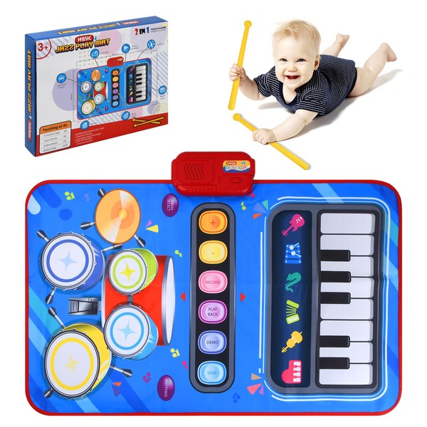 Bezavea 2 in 1 Piano & Drum Music Dance Mat, Musical Toys for Girls Boys, Piano Drum Mat Touch Play Blanket with 2 Sticks, Music Educational Toys for Age 1-5, Christmas Birthday Gifts for Girls Boys