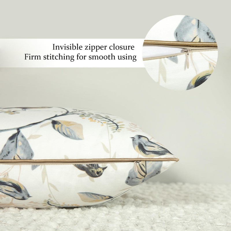 VOGOL Linen Textured Throw Pillow Covers, Grey Sparrows Print Soft