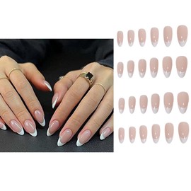 HSYTEK Pack of 24 Press On Nails, French Tip Fake Nails, Medium Length Rhinestone Pink Nails for Sticking, Pointed Nails, Artificial Nails, Full Coverage, Soft Gel Tips