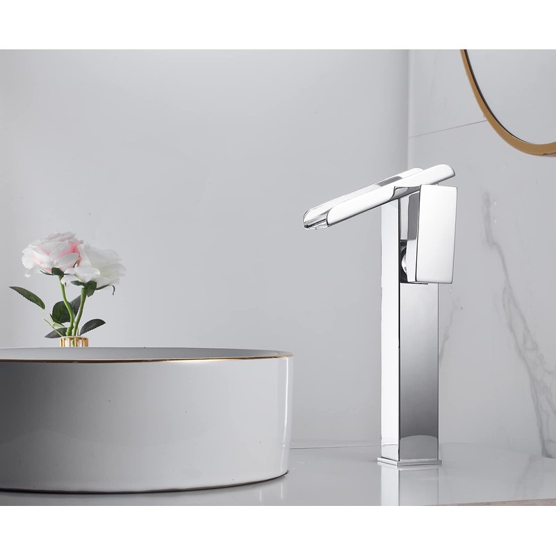 Chrome Bathroom Faucet LED 3 Color Changing Light Waterfall Vessel